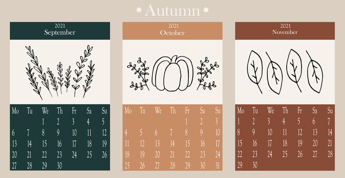 Calendar 2021. Cute calendar 2021 for the Autumn. Trendy calendar. Vector template.