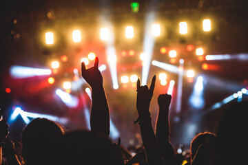 Hand raised showing a heavy metal rock sign at concert