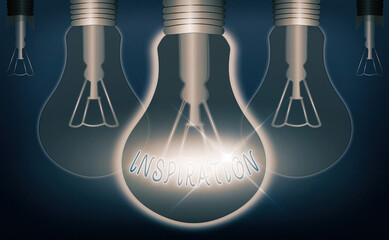 Writing note showing Inspiration. Business concept for the process of being mentally stimulated to do or feel something Realistic colored vintage light bulbs, idea sign solution - obrazy, fototapety, plakaty
