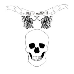 Day of dead banner. Skull rose monochrome hand drawn graphic ink sketch stock vector illustration for web, for print