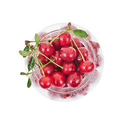 Cherrys fruit in glass isolated on white background. Top view.
