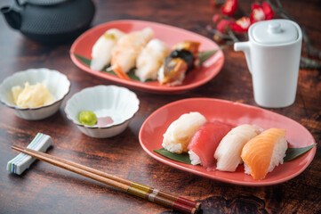 japanese nigiri sushi with plum blossom