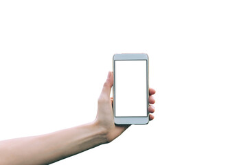 Isolate mockup smartphone, closeup in female hand. White background.
