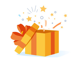 Congrats poster with open gift box, ribbons and confetti isolated on white background. Surprise carton for event.