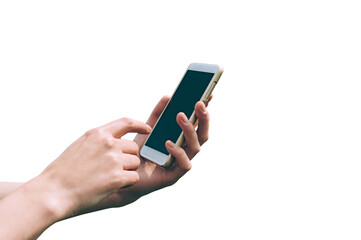 Closeup Isolate, Phone in female hands. White background.