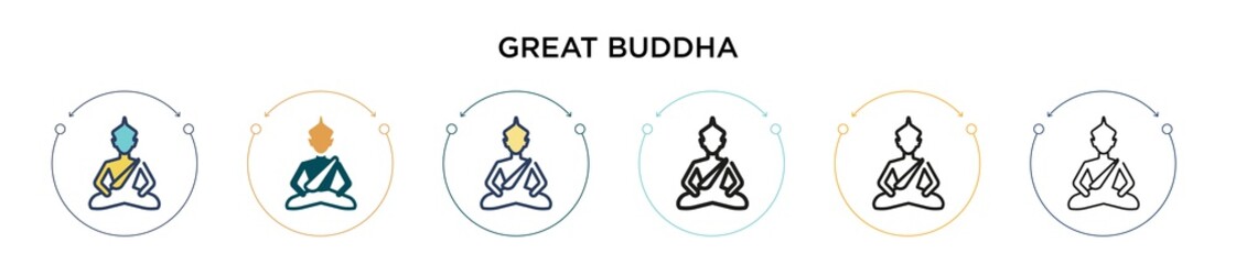 Great buddha icon in filled, thin line, outline and stroke style. Vector illustration of two colored and black great buddha vector icons designs can be used for mobile, ui, web