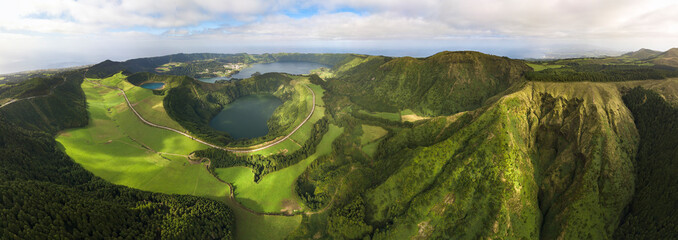 A panoramic aerial view of lakes of Sete Cidades from the Miradouro da Vista do Rei on the island of Sao Miguel in the Azores, Portugal