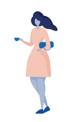 Woman holding cup coffee and handbag. People walking silhouette. Vector color flat icon.