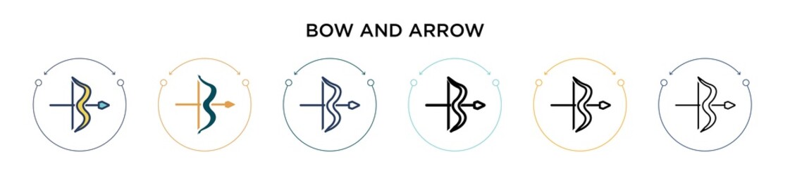 Bow and arrow icon in filled, thin line, outline and stroke style. Vector illustration of two colored and black bow and arrow vector icons designs can be used for mobile, ui, web
