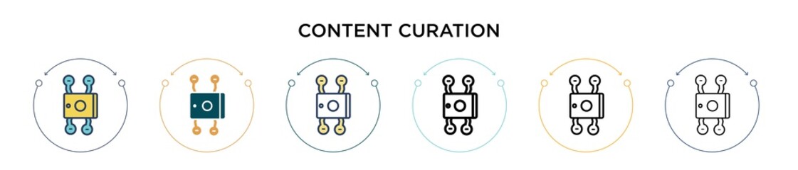 Content curation icon in filled, thin line, outline and stroke style. Vector illustration of two colored and black content curation vector icons designs can be used for mobile, ui, web