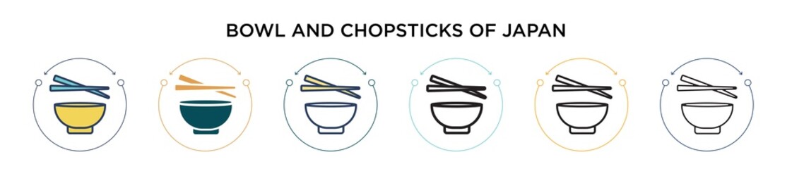 Bowl and chopsticks of japan icon in filled, thin line, outline and stroke style. Vector illustration of two colored and black bowl and chopsticks of japan vector icons designs can be used for mobile,