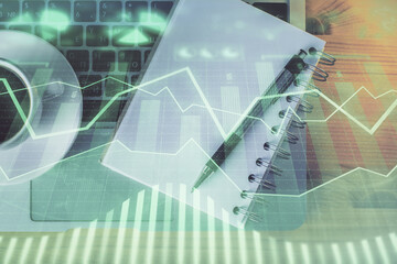 Multi exposure of forex chart drawing and work table top veiw. Concept of financial analysis.