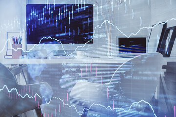 Double exposure of stock market graph drawing and office interior background. Concept of financial analysis.