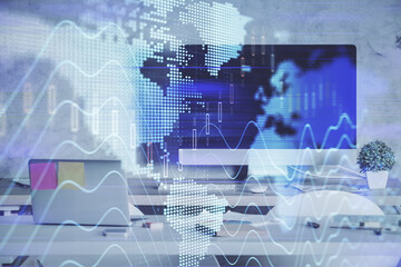 Multi exposure of financial graph drawing and office interior background. Concept of market analysis.
