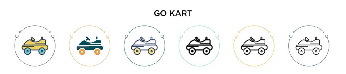 Go kart icon in filled, thin line, outline and stroke style. Vector illustration of two colored and black go kart vector icons designs can be used for mobile, ui, web - obrazy, fototapety, plakaty