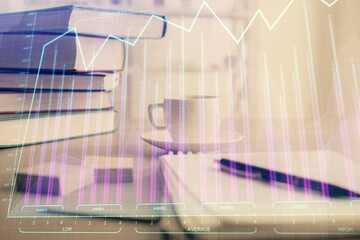 Double exposure of financial chart drawing and desktop with coffee and items on table background. Concept of forex market trading