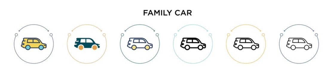 Family car icon in filled, thin line, outline and stroke style. Vector illustration of two colored and black family car vector icons designs can be used for mobile, ui, web