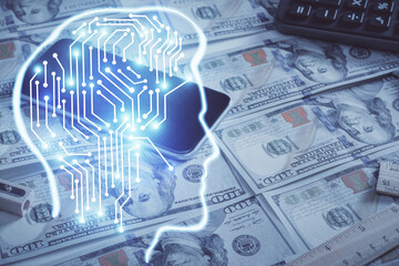 Double exposure of brain drawing over us dollars bill background. Technology concept.