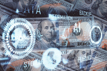 Double exposure of data theme drawing over us dollars bill background. Technology concept.