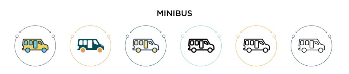 Minibus icon in filled, thin line, outline and stroke style. Vector illustration of two colored and black minibus vector icons designs can be used for mobile, ui, web