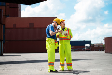 Engineer in uniform and hardhat using digital tablet discussing for management in container yard at business logistics site in factory warehouse at workplace on sunny day.Teamwork 