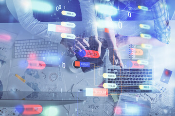 Double exposure of man and woman working together and data theme hologram drawing. Computer background. Top View.