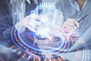 Double exposure of man and woman working together and technology theme drawing hologram. Big data concept. Computer background.