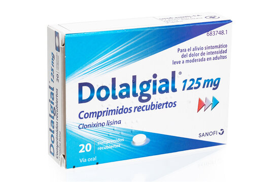 Huelva, Spain - July 23, 2020: Spanish box of Clonixino Lisina, brand Dolalgial from Sanofi laboratory. An analgesic medicine that belongs to a group of medicines non-steroidal anti-inflammatory
