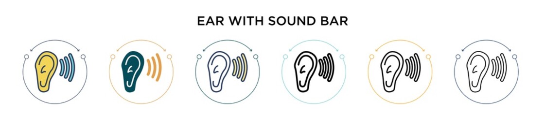 Ear with sound bar icon in filled, thin line, outline and stroke style. Vector illustration of two colored and black ear with sound bar vector icons designs can be used for mobile, ui, web