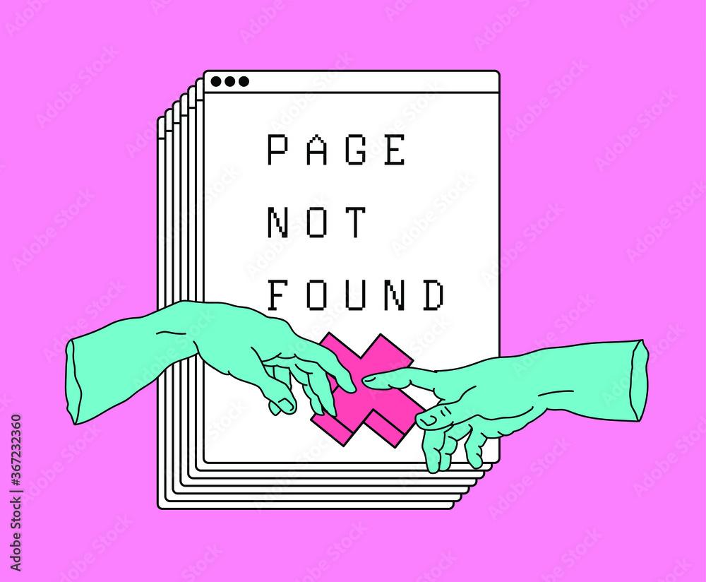 Aufkleber Page not found design template. Conceptual line art illustration with two hands going to touch together and multiple tabs on the background.