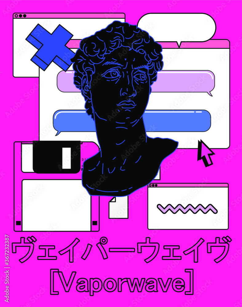 Aufkleber surreal retrofuturistic vector illustration of user interface with roman antique statue in cartoon a