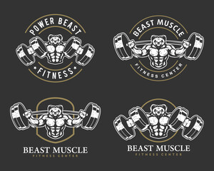 Panda with strong body, fitness club or gym logo set. Design element for company logo, label, emblem, apparel or other merchandise. Scalable and editable Vector illustration.