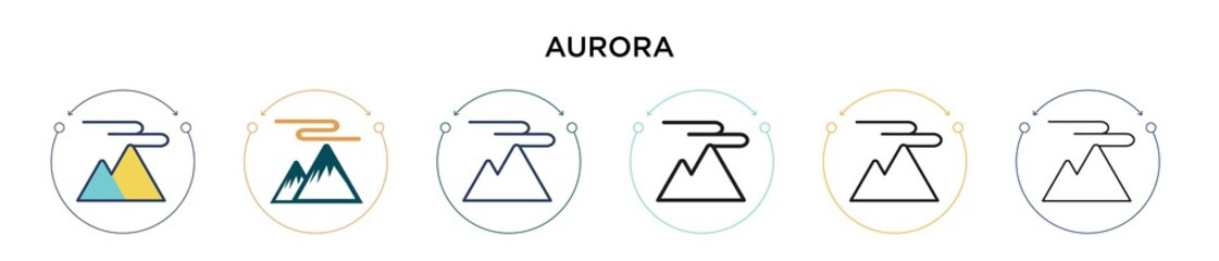 Aurora icon in filled, thin line, outline and stroke style. Vector illustration of two colored and black aurora vector icons designs can be used for mobile, ui, web