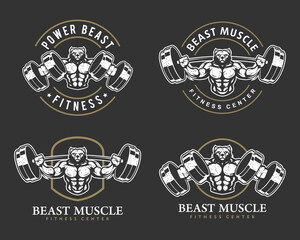 Bear with strong body, fitness club or gym logo set. Design element for company logo, label, emblem, apparel or other merchandise. Scalable and editable Vector illustration
