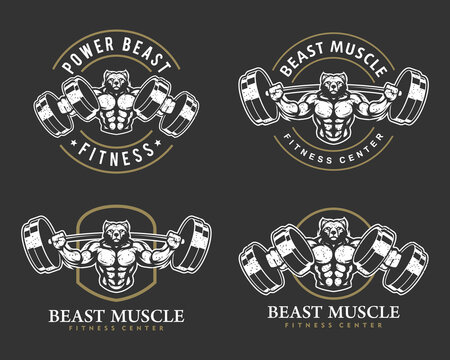 Bear With Strong Body, Fitness Club Or Gym Logo Set. Design Element For Company Logo, Label, Emblem, Apparel Or Other Merchandise. Scalable And Editable Vector Illustration