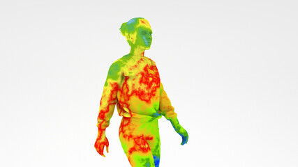 Thermographic image of human showing different temperatures in range of colors from blue cold to red hot.
Thermal imaging camera, detecting  out who is likely to have a fever