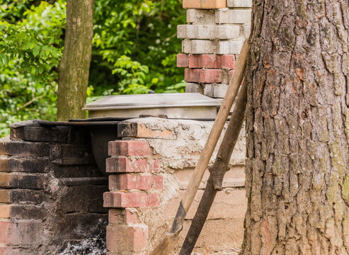 Closeup Of Old Red Brick Outside Fireplace