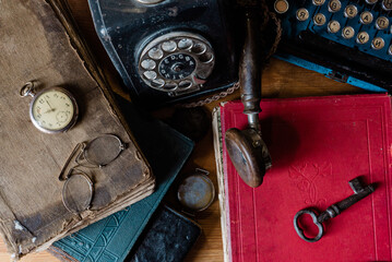 vintage still life with books and accessories