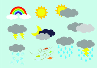 Weather icons set. Flat vector symbols on light blue background.