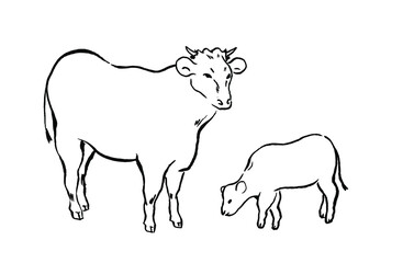 丑の親子の線画