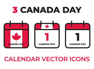 3 calendar vector icons to indicate Canada Day, the 1st of July. Vector illustration including the country flag.	