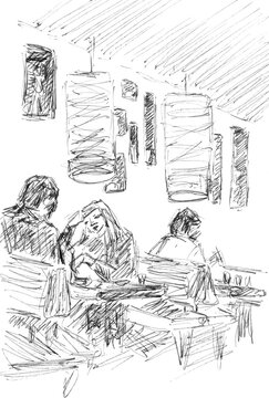 graphic black and white drawing people sitting in cafe