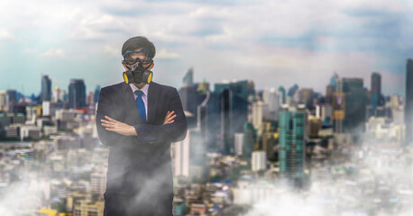 businessman with gas mask in city covered with pm 2.5 and air pollution