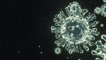 3D Render of Flu COVID-19 Virus Cell. Coronavirus Covid-19 influenza banner Background. Microscope Virus Close Up