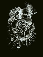 Skull in hat hand drawn composition, one life one chance, casino, roulette, cards, white on black, gambling and luck