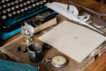 Fototapeta na wymiar vintage desk accessories of the last century, flat lay vintage