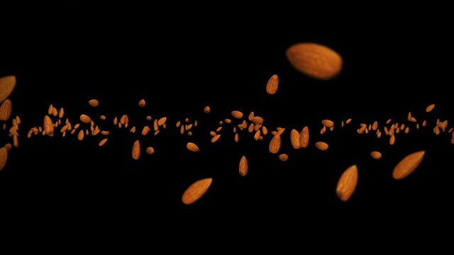 Flying many almonds nuts on black background. Foodstuff, Healthy food, Diet. 3D animation of almond rotating. Loop animation.