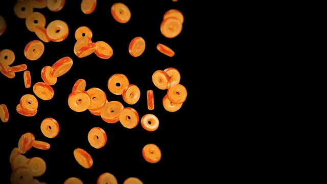 Flying many plain donuts on black background. Doughnut cake, Sweets, Dessert. 3D animation of donut rotating. Loop animation.