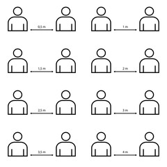 Distanciamiento social. Iconos de personas que apoyan la distancia social para prevenir la propagación del virus. El concepto de cuarentena y coronavirus. Aislamiento social, diferentes distancias