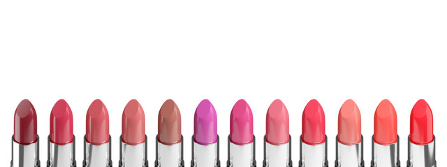 Obraz premium Color palette of various lipsticks isolated on white background.